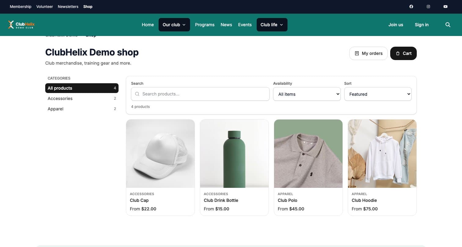 The ClubHelix Demo public shop with product categories, search, filters and four club merchandise items with prices