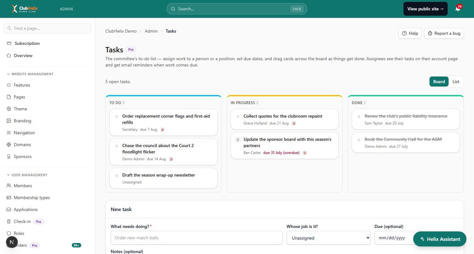 The committee task board on the ClubHelix Demo tenant with to do, in progress and done columns