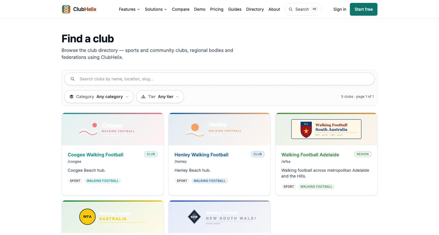 El directorio público de ClubHelix con clubes e insignias de nivel