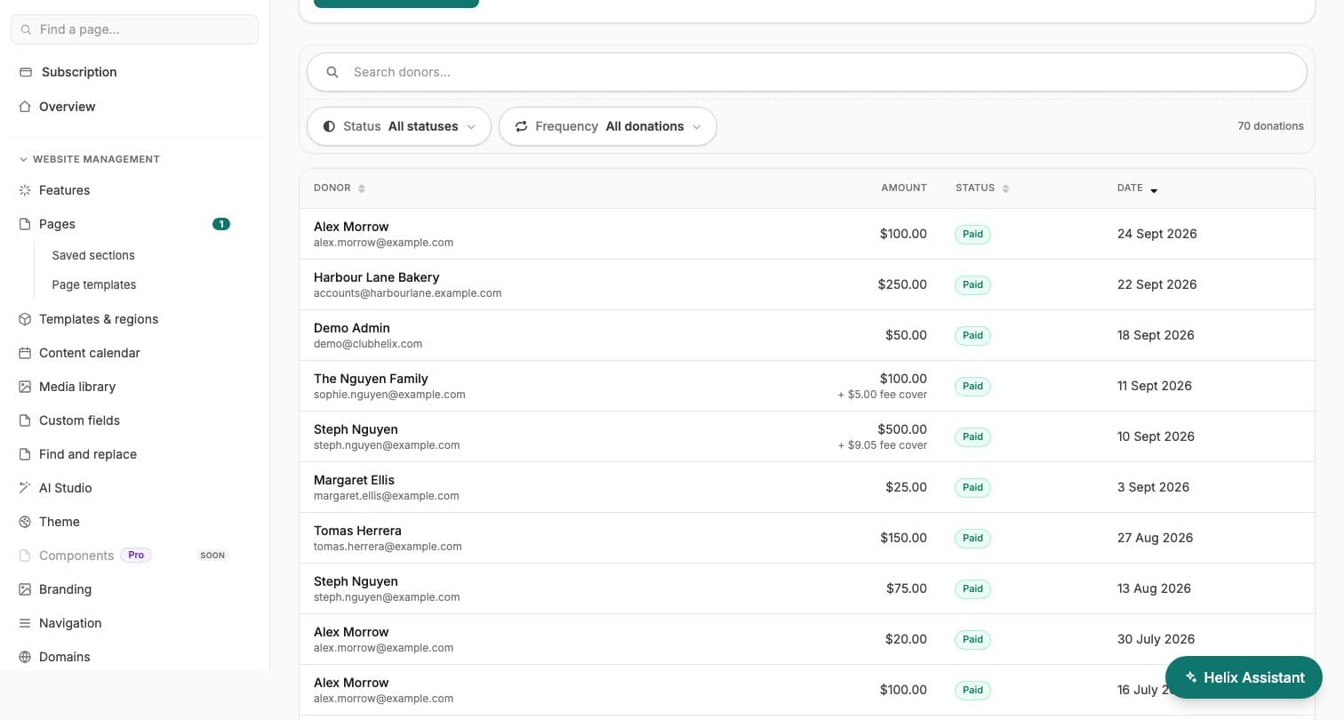 The donations ledger on the ClubHelix Demo tenant with donor search, status and frequency filters, and fee cover shown on each gift
