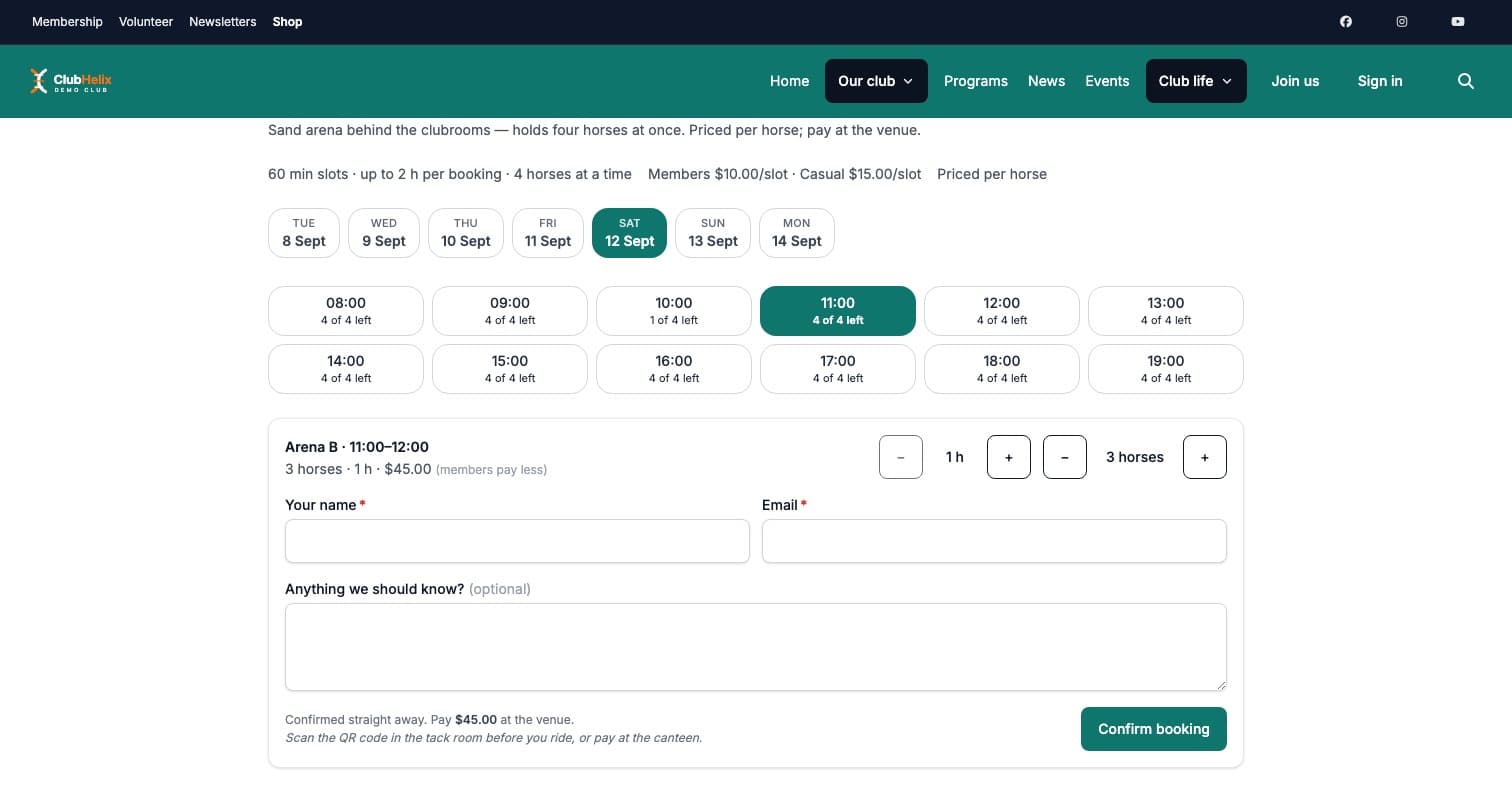 The public booking page on the ClubHelix Demo tenant with the shared Arena B grid showing “1 of 4 left”, three horses selected with per-horse pricing, the comments box and the pay-at-the-venue footnote