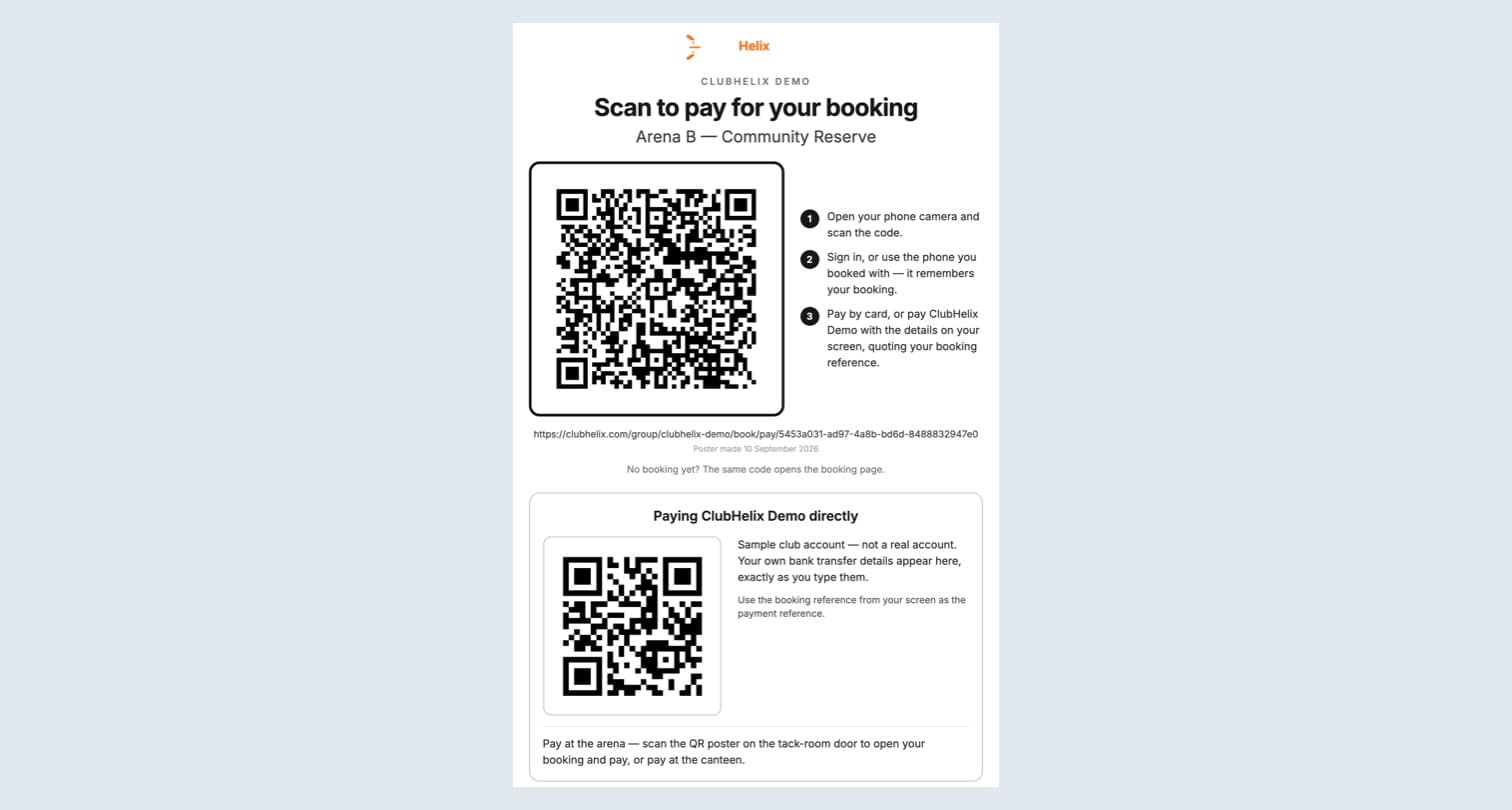The printable A4 QR poster for Arena B: the club’s logo and name, “Scan to pay for your booking”, a large QR code with the web address printed under it and three numbered steps beside it, then a second panel headed “Paying the club directly” carrying the club’s own payment code, its bank details and the reminder to quote the booking reference