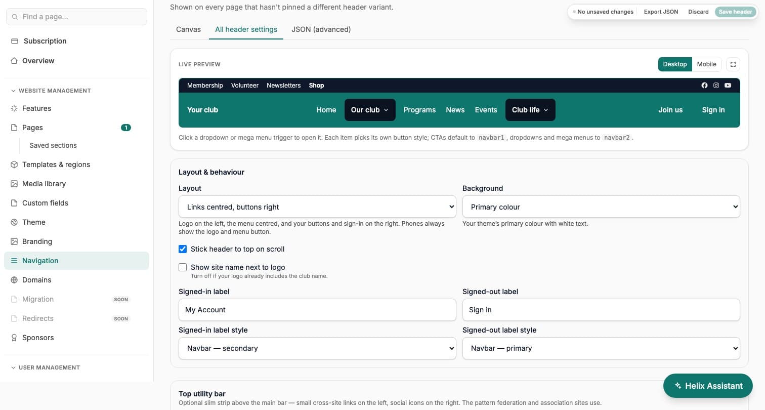 O editor de navegação do cabeçalho do ClubHelix Demo com o layout Links centralizados, botões à direita selecionado e uma prévia ao vivo