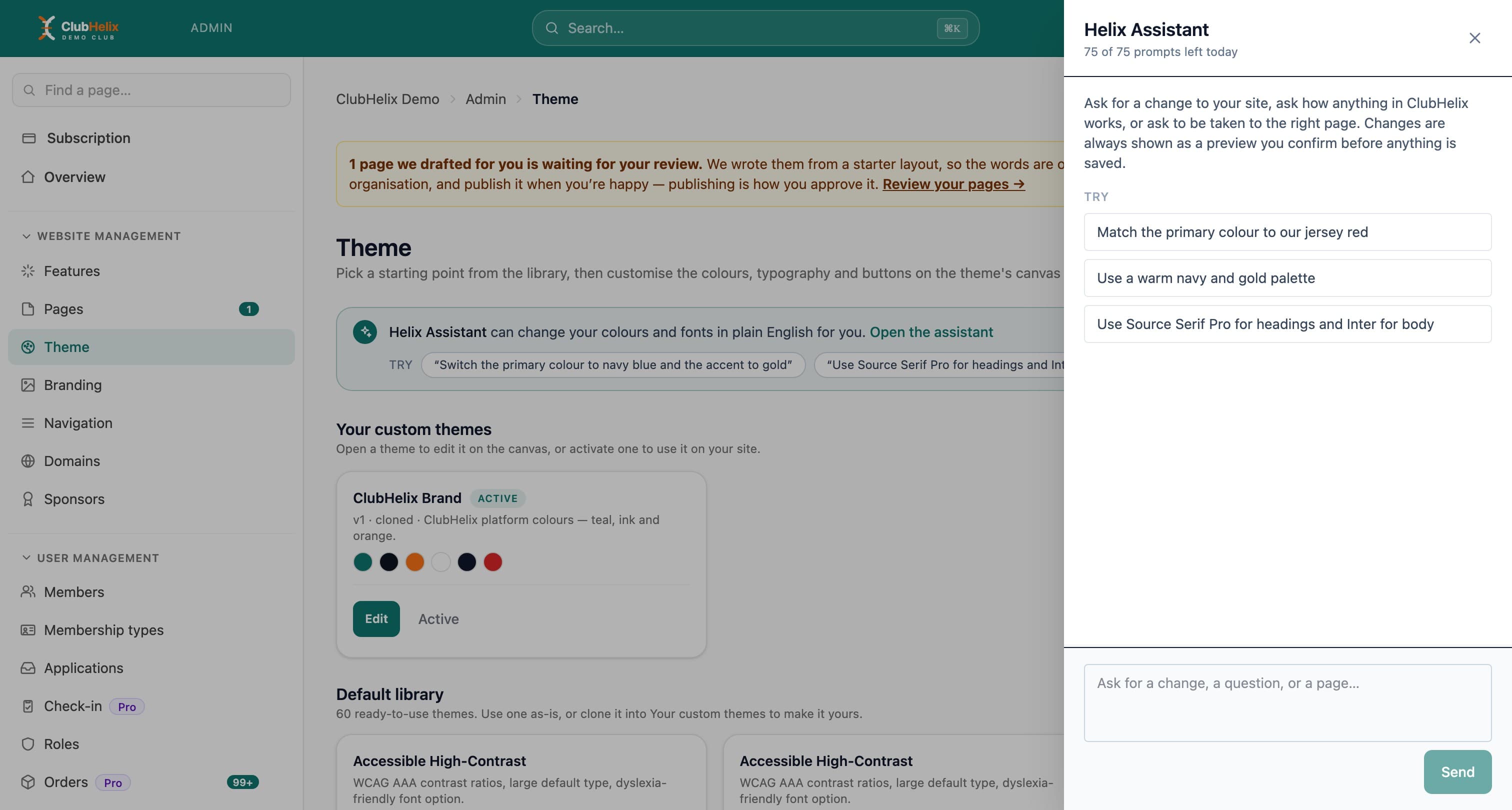 El Asistente Helix abierto en la administración de Tema de ClubHelix Demo, con sugerencias para cambiar el estilo con tus palabras y el cupo diario de consultas