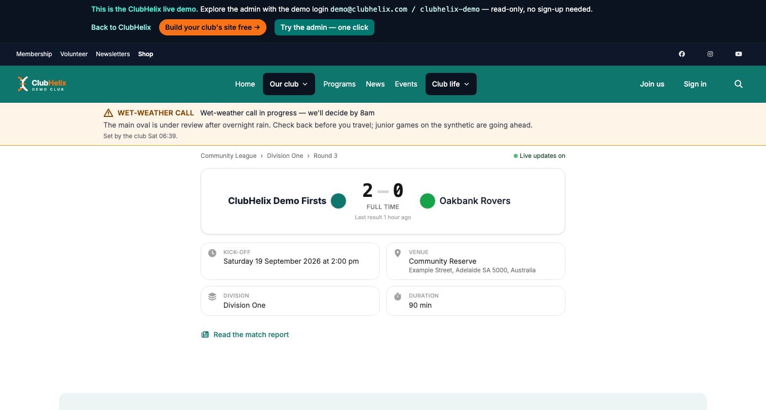 The match centre on the ClubHelix Demo tenant showing a full-time score, kick-off, venue and division, with live updates on