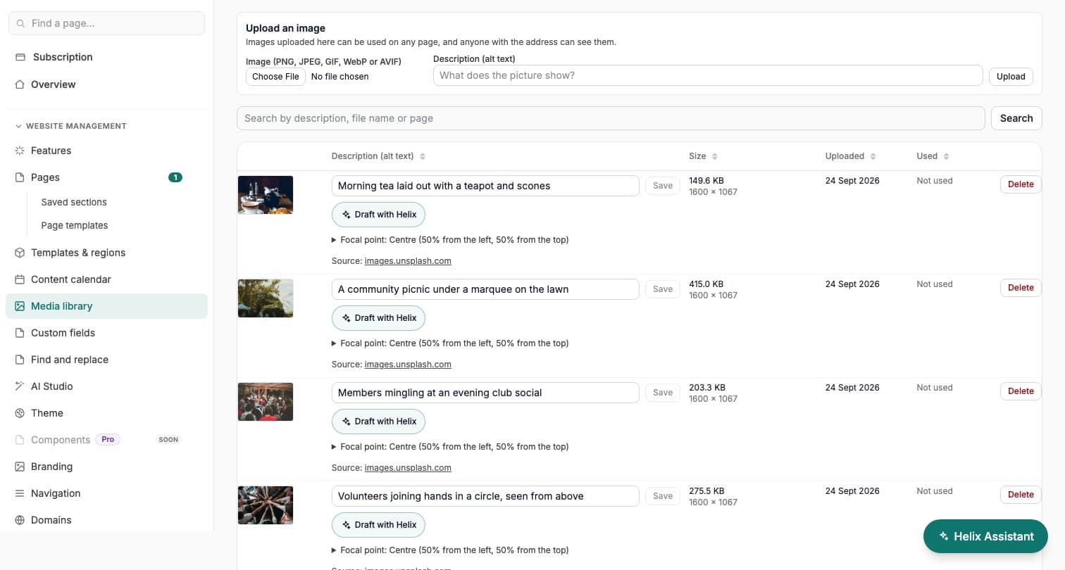 The Media library on the ClubHelix Demo listing club photos with their descriptions, sizes, upload dates and where each is used