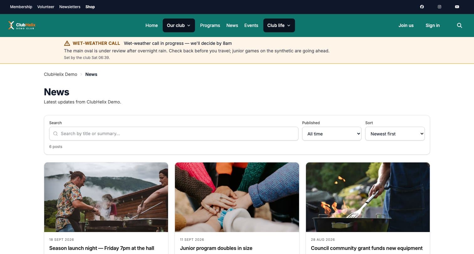 La página pública de noticias de ClubHelix Demo con buscador y filtros por fecha