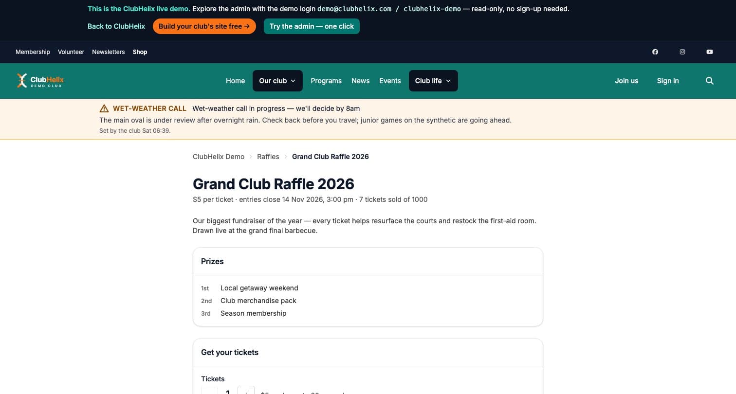 A public raffle page on the ClubHelix Demo tenant with prizes and online ticket sales