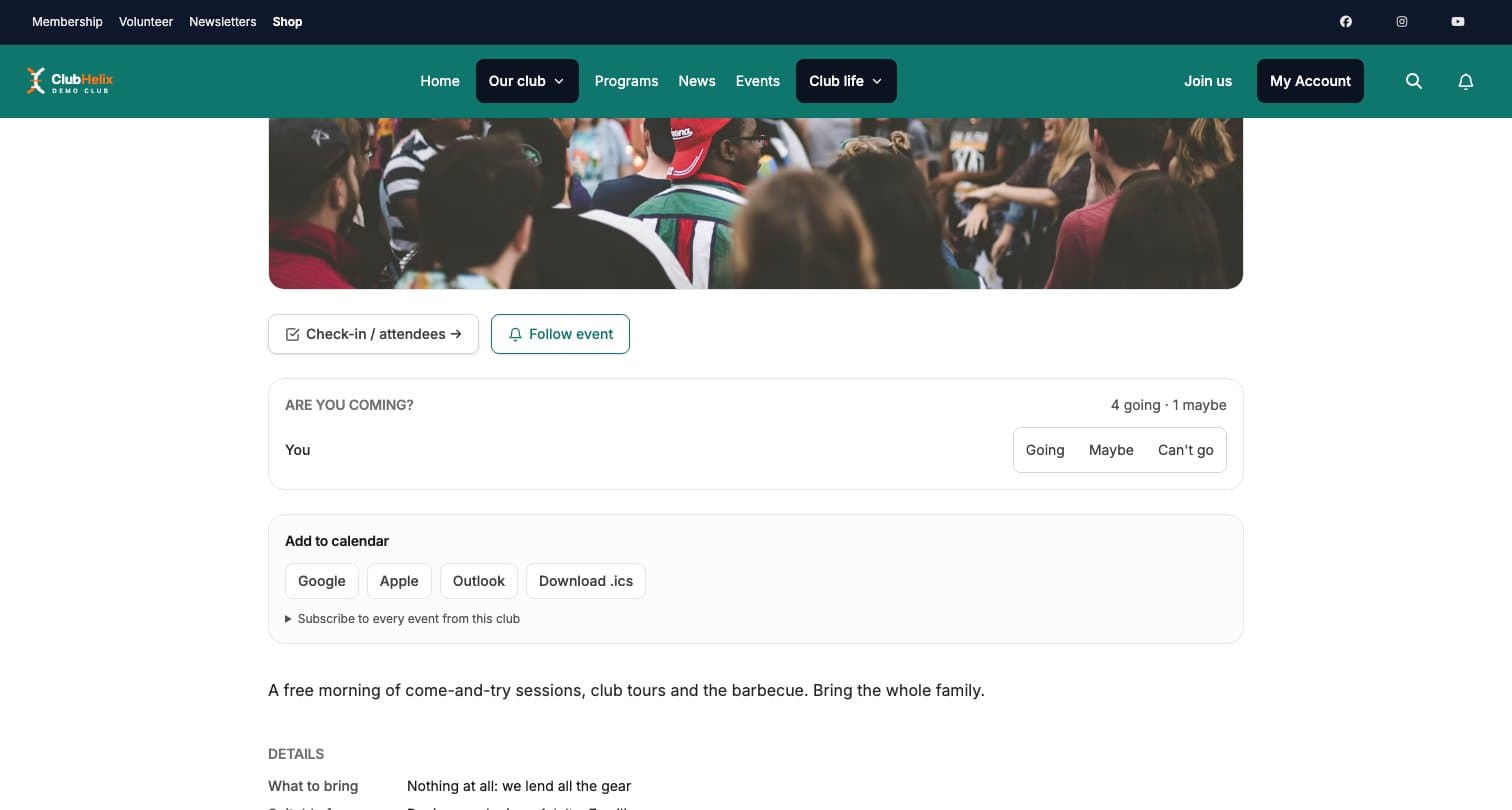 An event page on the ClubHelix Demo tenant with its RSVP panel (4 going, 1 maybe), a check-in link and add-to-calendar buttons