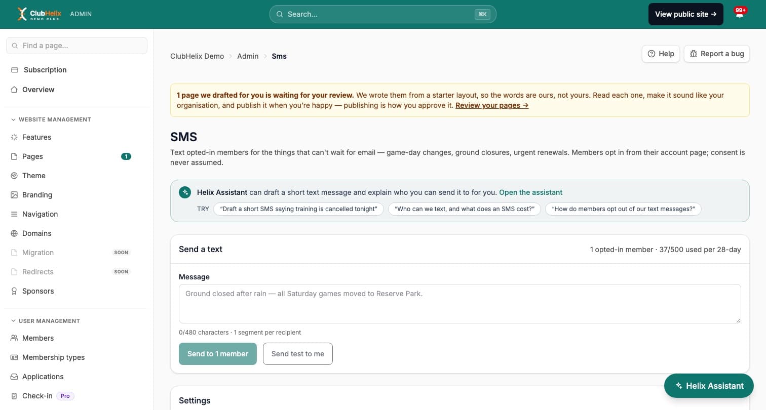 The SMS admin on the ClubHelix Demo tenant composing a message to opted-in members with delivery status