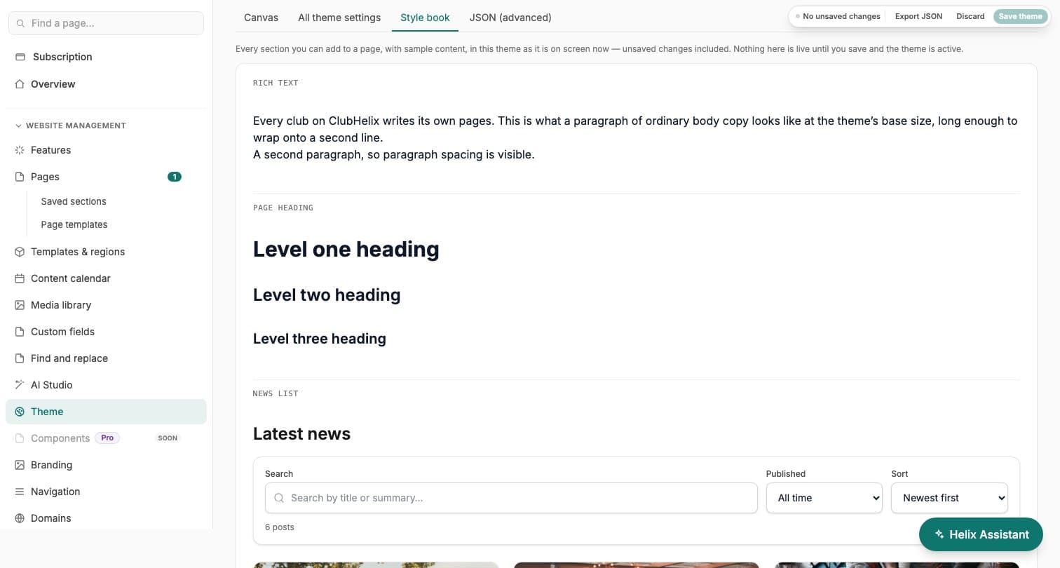 A aba Guia de estilo do editor de temas do ClubHelix Demo, mostrando texto, três níveis de título e uma lista de notícias no tema