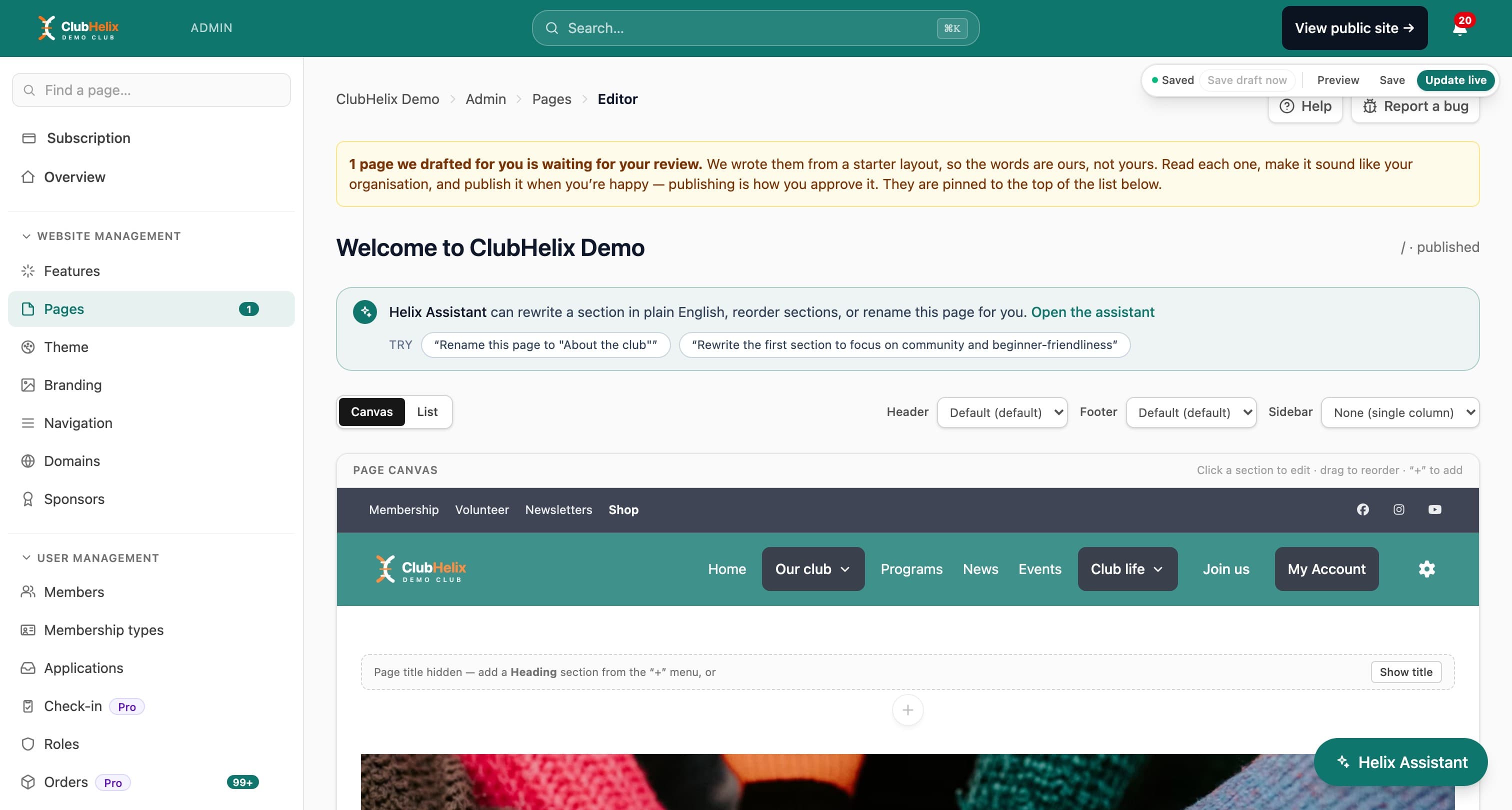 El editor de páginas del club ClubHelix Demo, con el botón Update live arriba