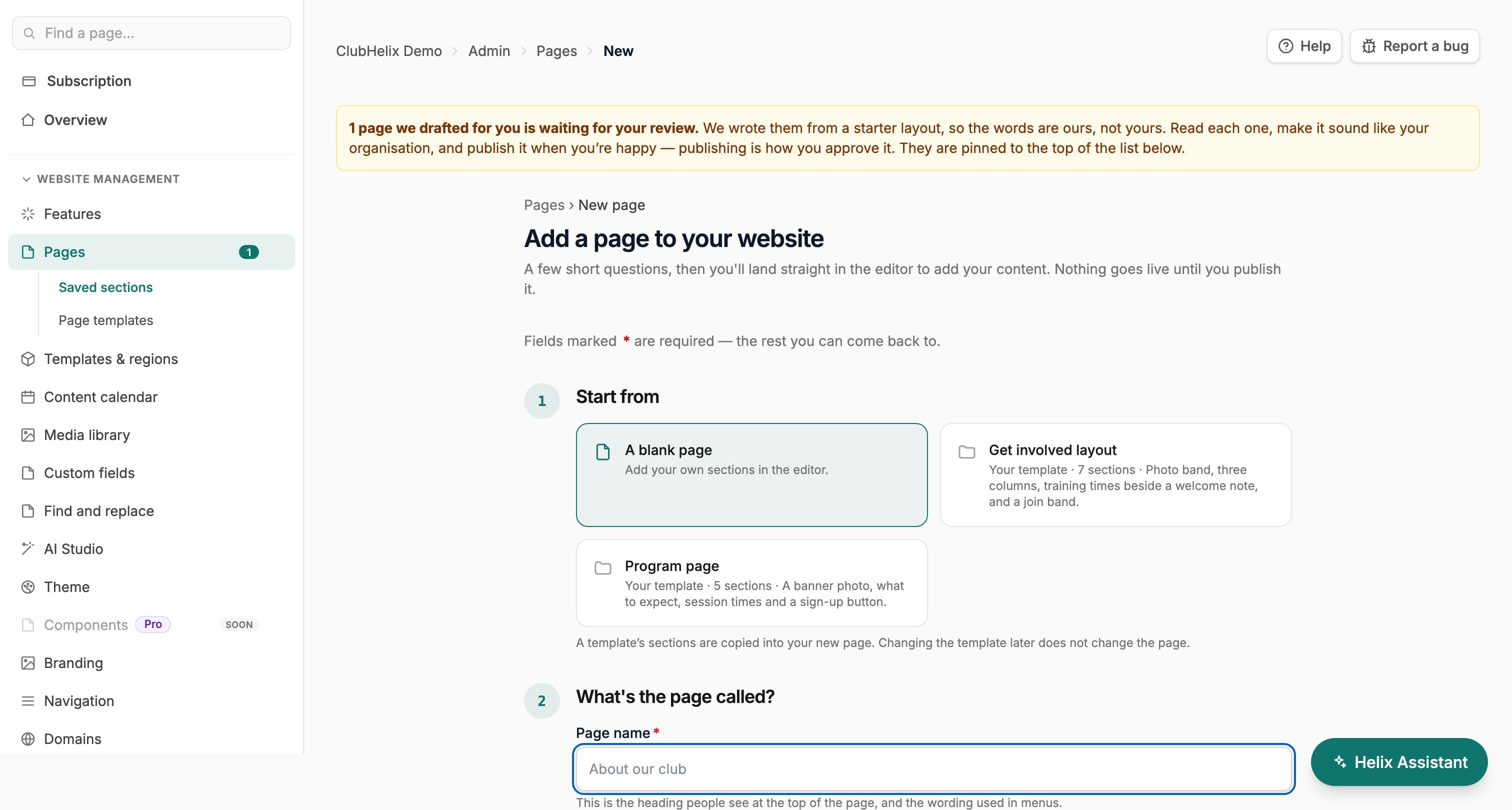La pantalla Nueva página de ClubHelix Demo con un paso Empezar desde que ofrece una página en blanco y dos plantillas de página guardadas