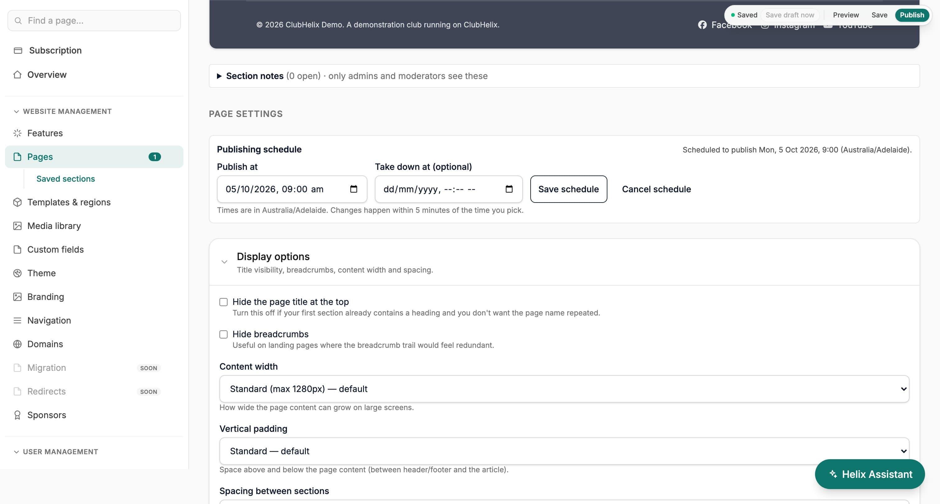 A draft page scheduled to go live on the ClubHelix Demo, with its publish time in the organisation’s time zone