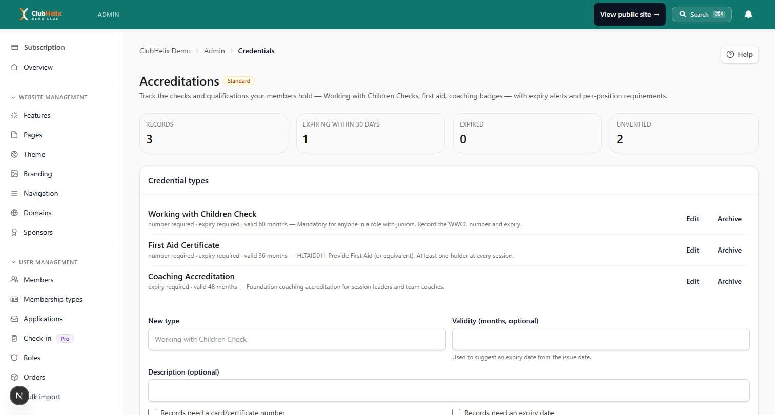 ClubHelix accreditations admin tracking member cards and coach screenings with expiry dates