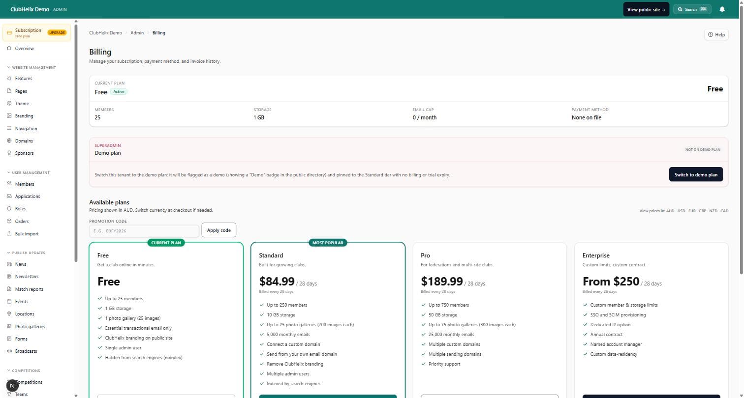 ClubHelix billing admin showing recurring class fees and outstanding balances