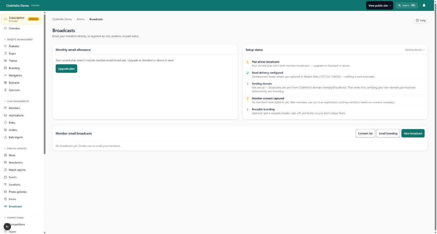 The email admin with delivery setup status
