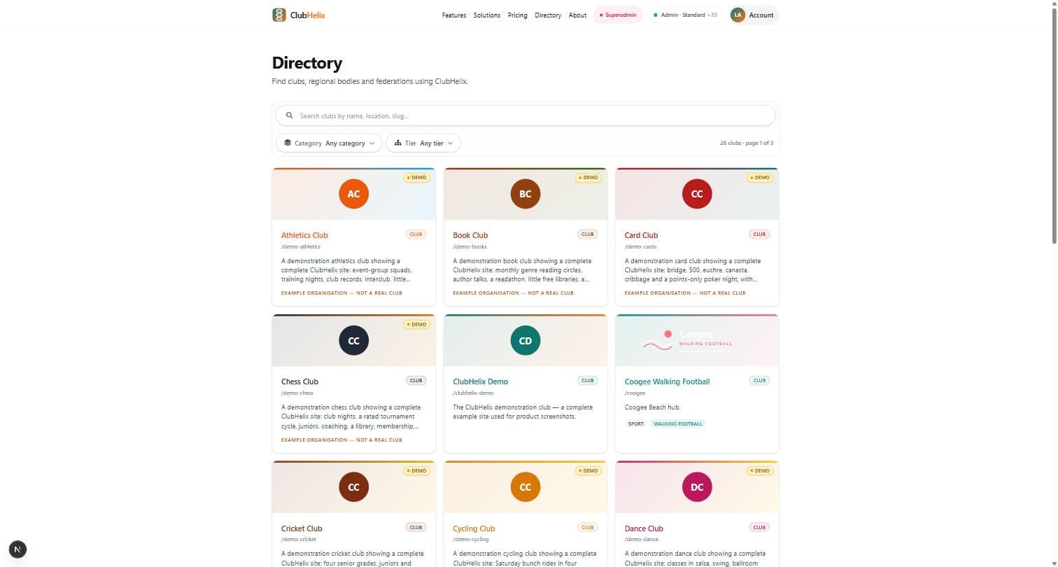 The ClubHelix public directory listing clubs with tier badges