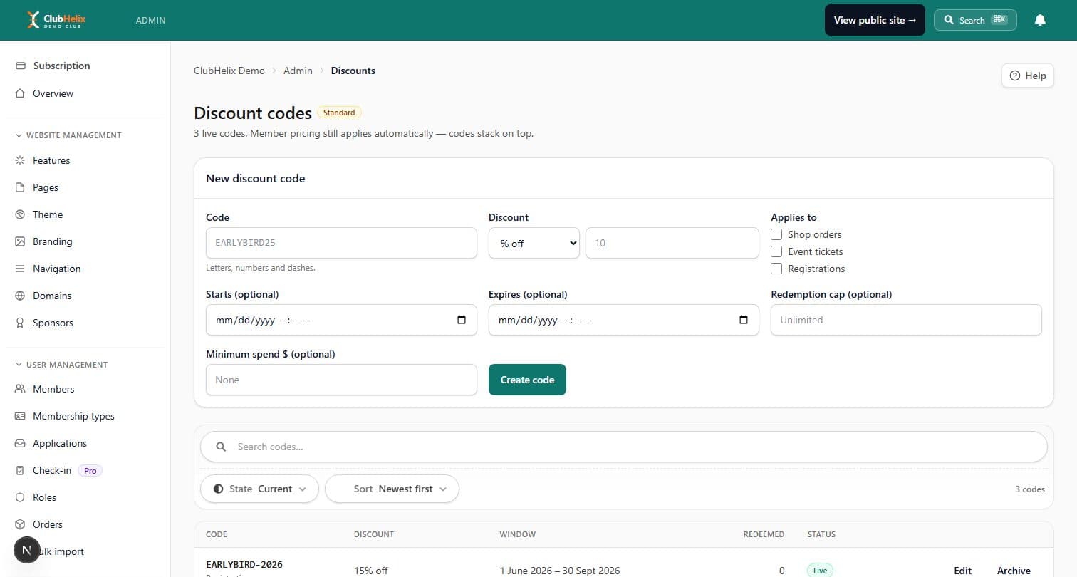 The discount codes admin on the ClubHelix Demo tenant with validity windows, caps and redemption counts