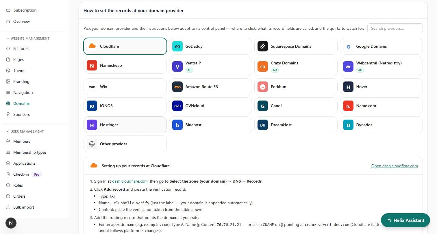 The Custom domains admin with per-provider DNS instructions