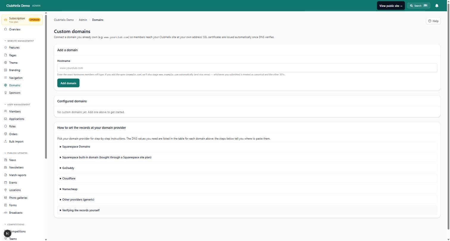 The Custom domains admin with per-provider DNS instructions