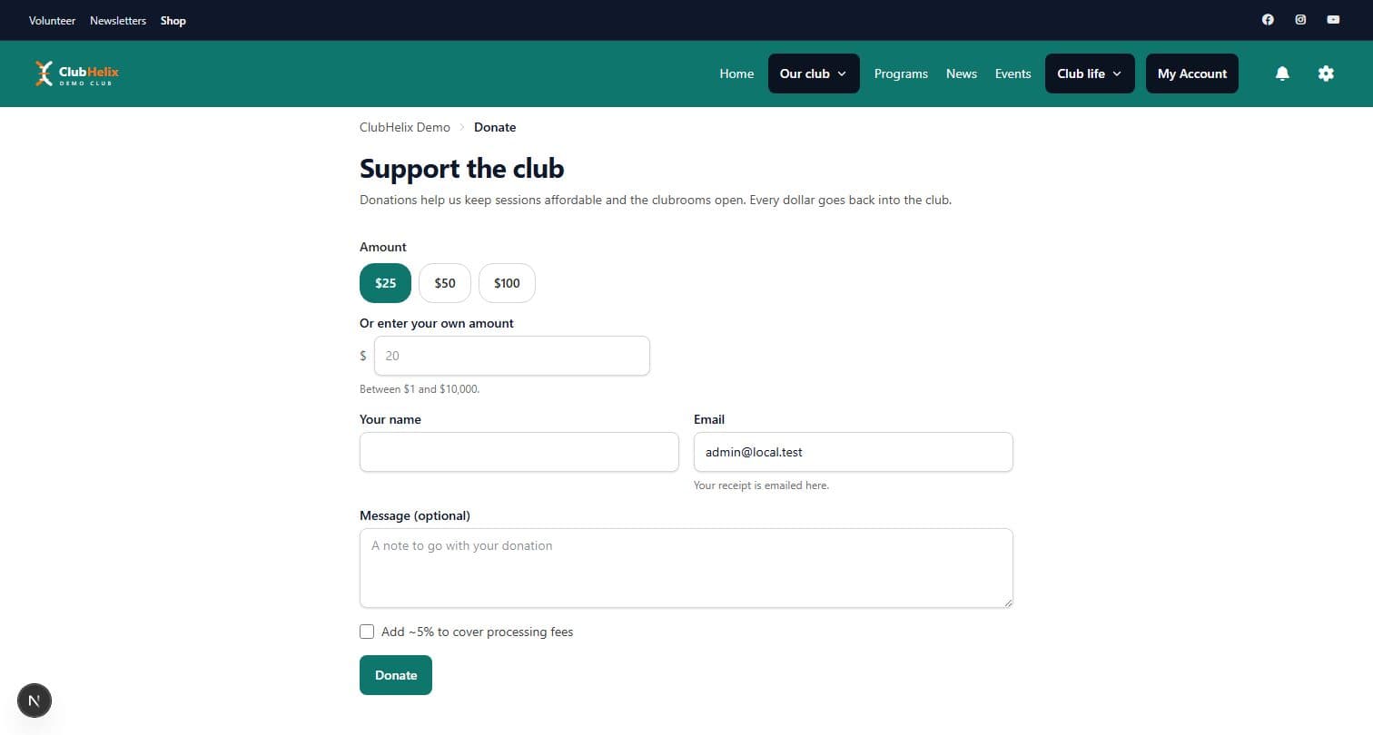 A club donation page with preset amounts and a receipt email field