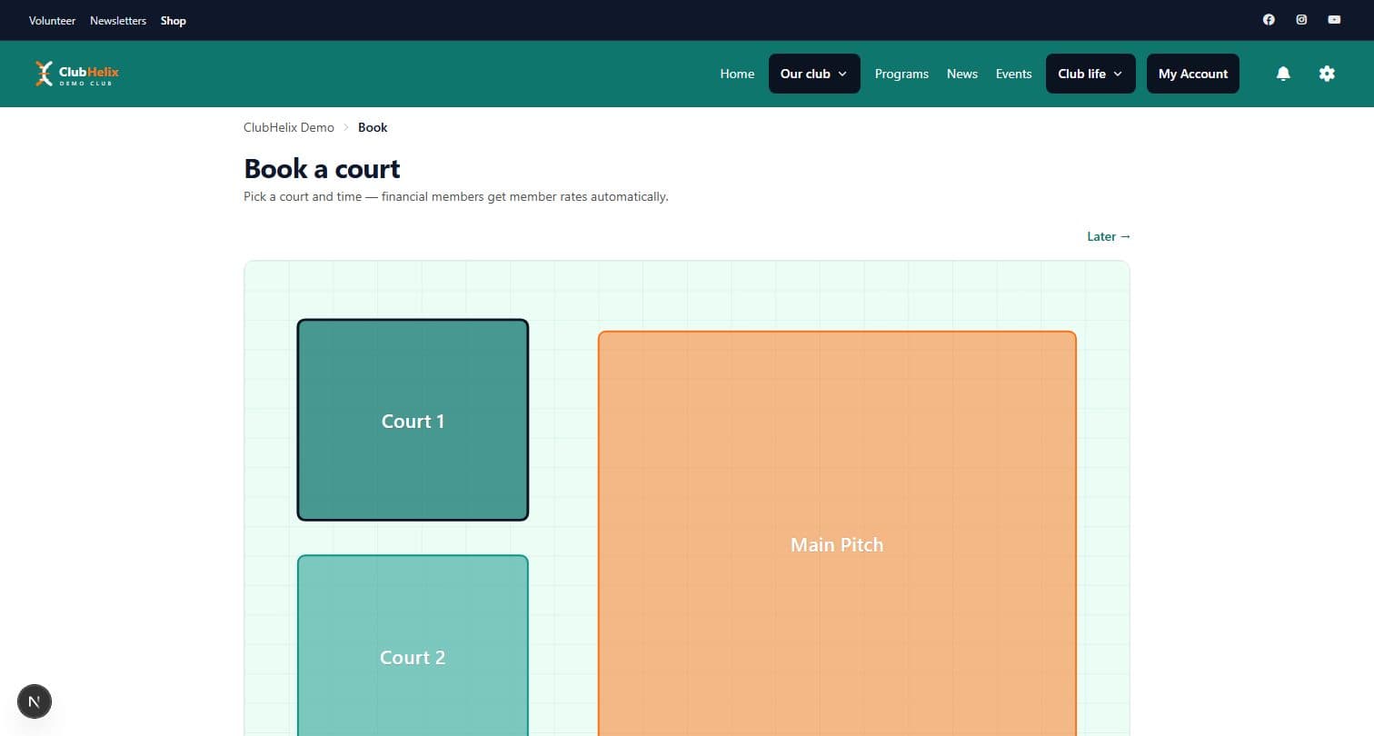 The facility booking calendar with courts and time slots