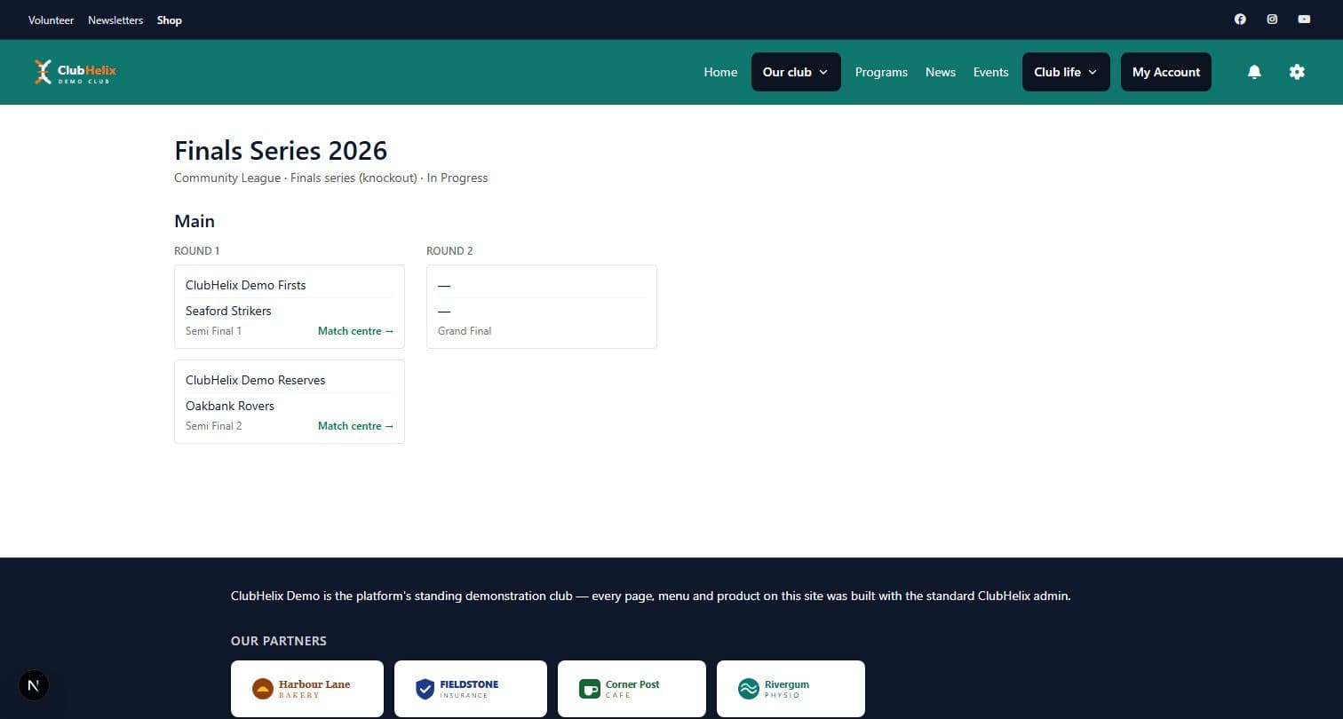 A ladder-seeded finals bracket on the ClubHelix Demo public site with completed and upcoming finals
