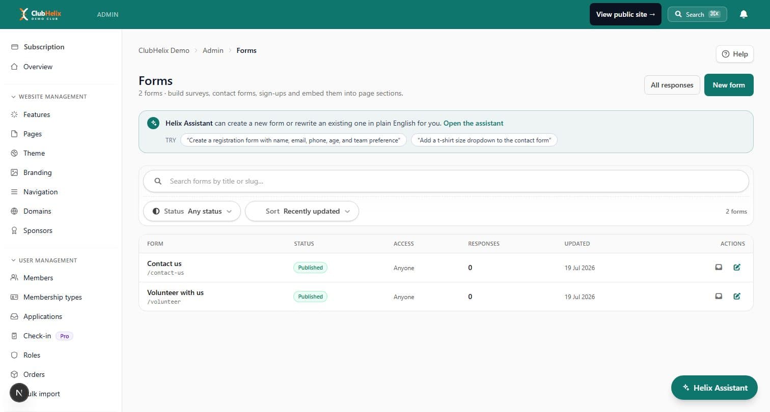 The form builder and shared responses inbox on the ClubHelix Demo tenant