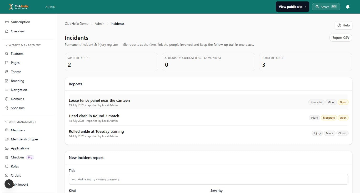 The incident register with structured injury reports