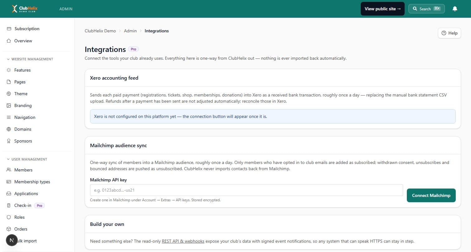 The integrations admin on the ClubHelix Demo tenant with the Xero connection and audience sync settings