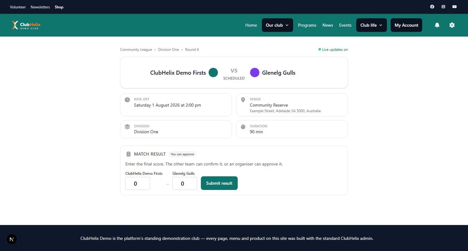 The live match centre on the ClubHelix Demo tenant with a live score, locked lineups and an embedded stream