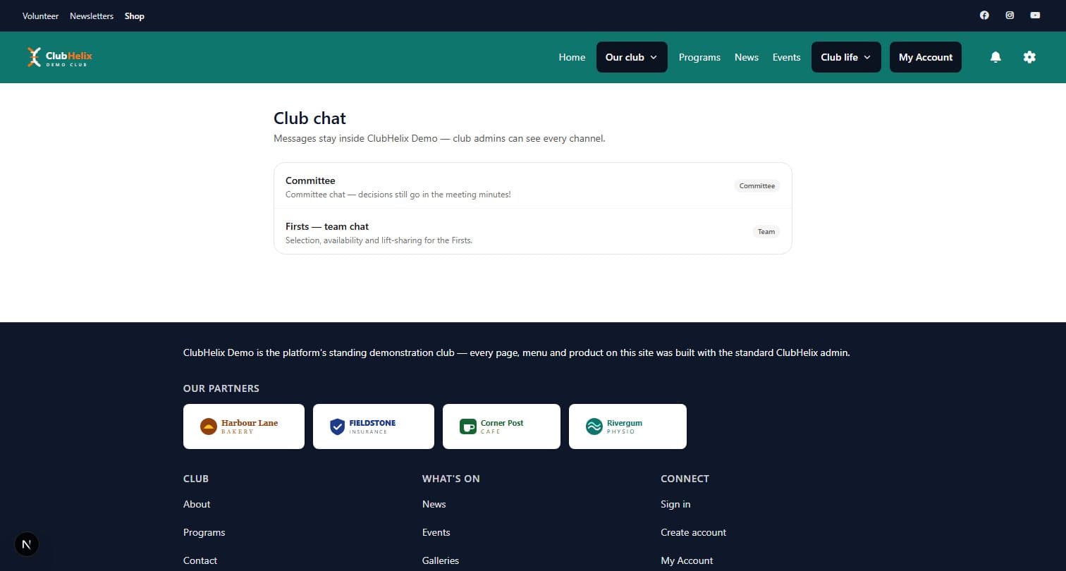 ClubHelix member chat showing team channels alongside the club roster