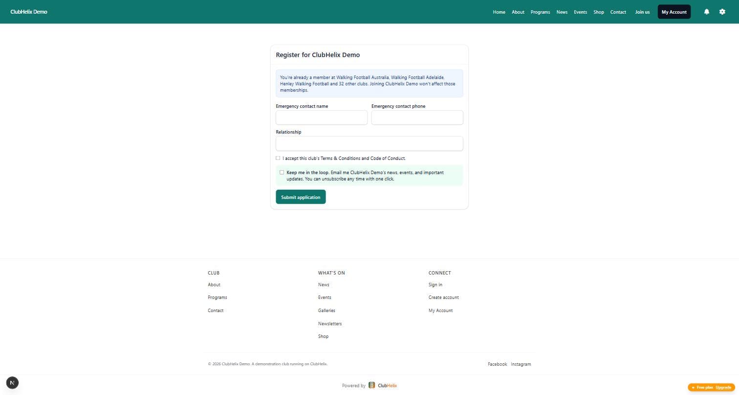 ClubHelix member registration form with payment shown on a club site
