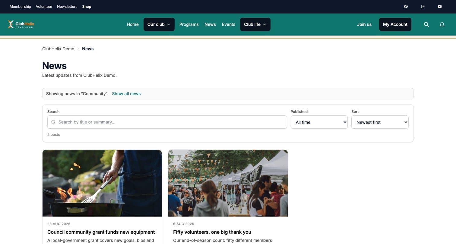 La página de noticias de ClubHelix Demo filtrada por la categoría Comunidad