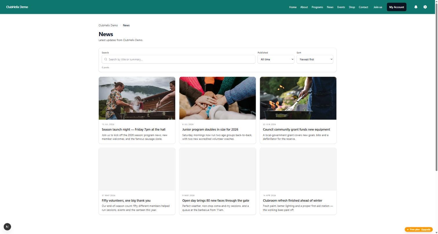 The ClubHelix Demo public news page with search and date filters