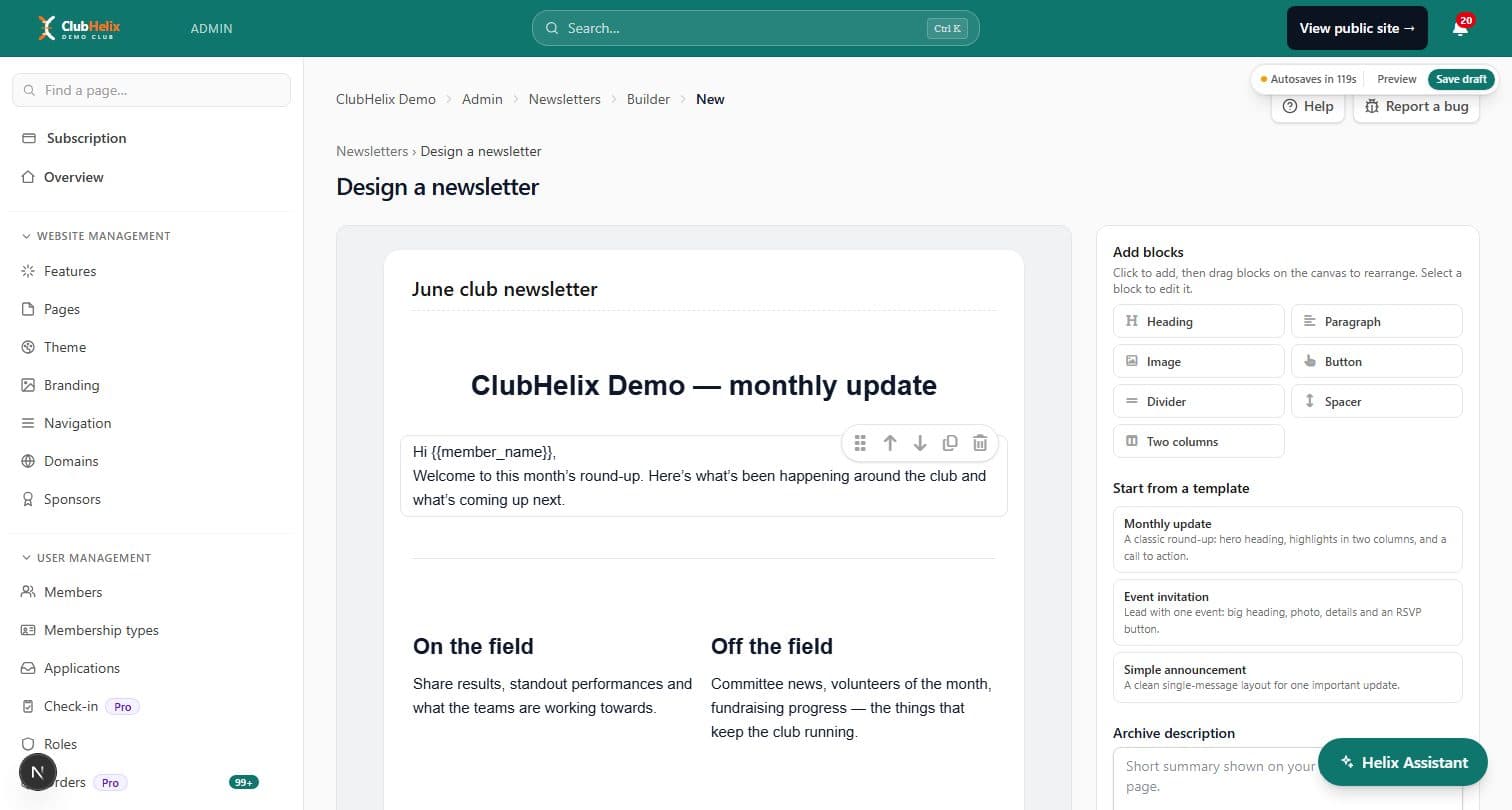 The visual newsletter builder on the ClubHelix Demo tenant with a templated issue on the canvas and the block palette beside it