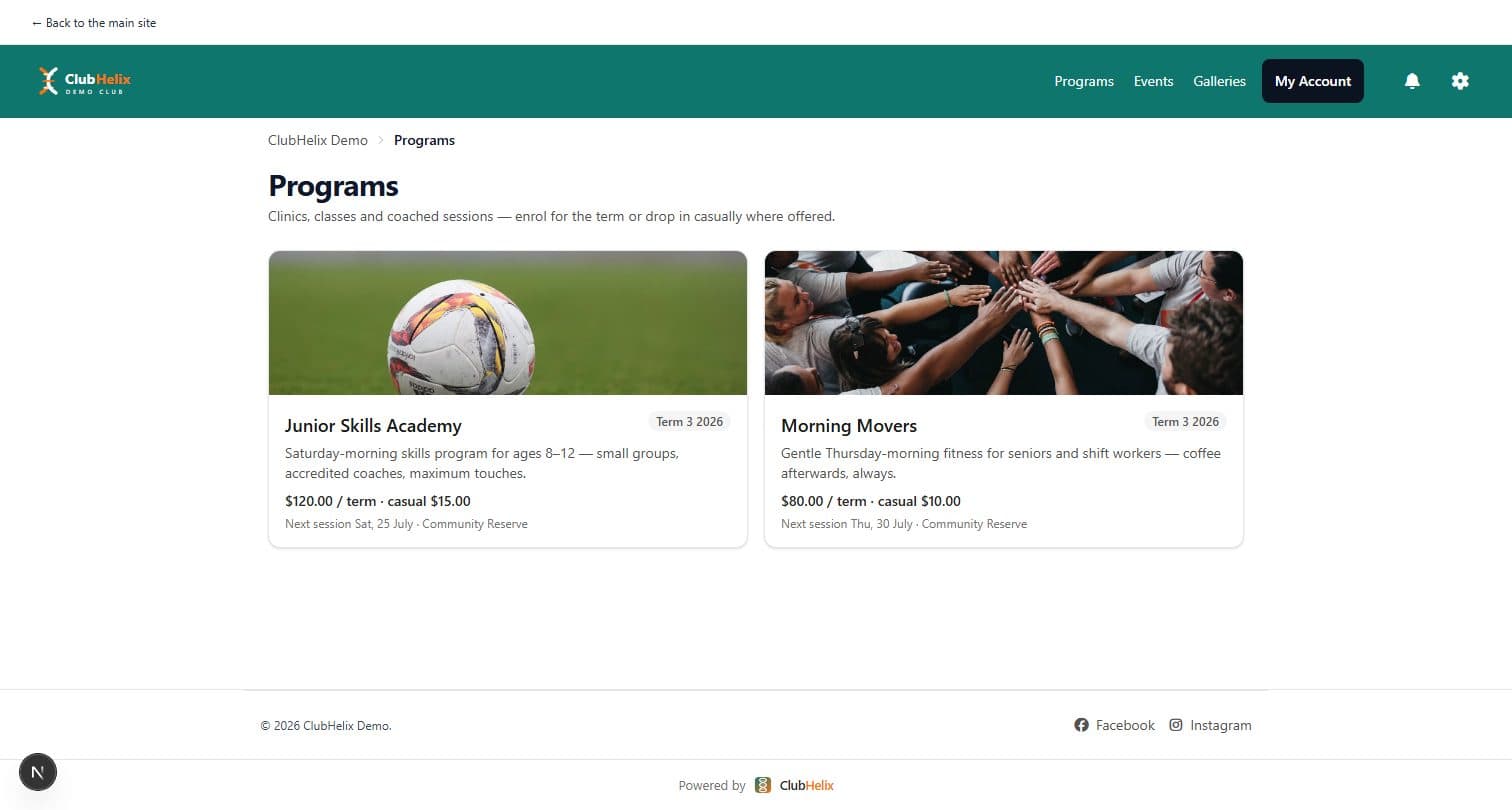 ClubHelix programs admin showing term-based enrolment groups with capacities