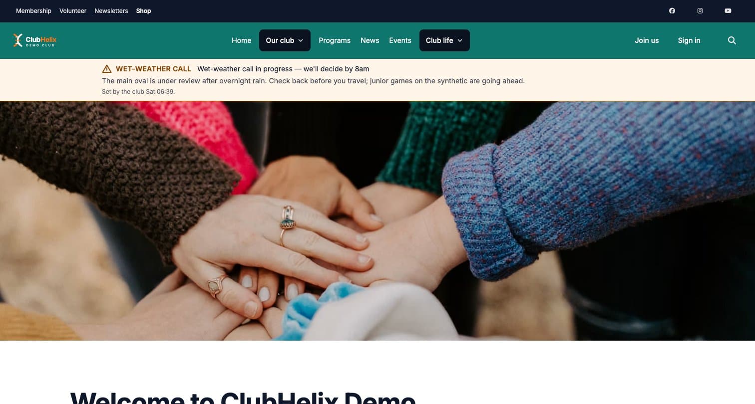 The public home page of the ClubHelix Demo club, with its menu bar, a ground-status notice and its hero image