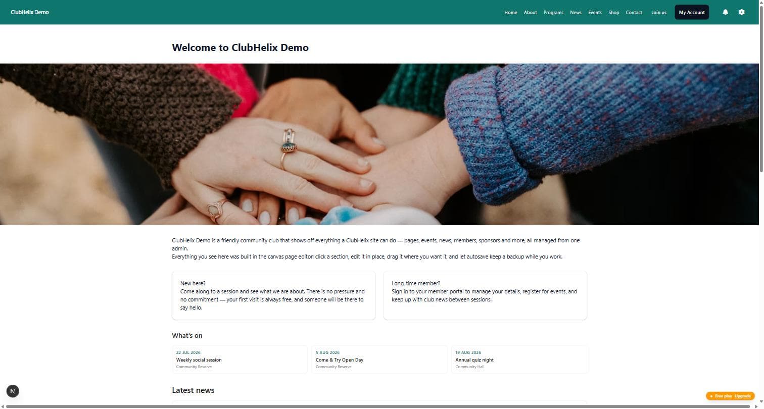 The ClubHelix Demo public homepage rendered in its custom theme