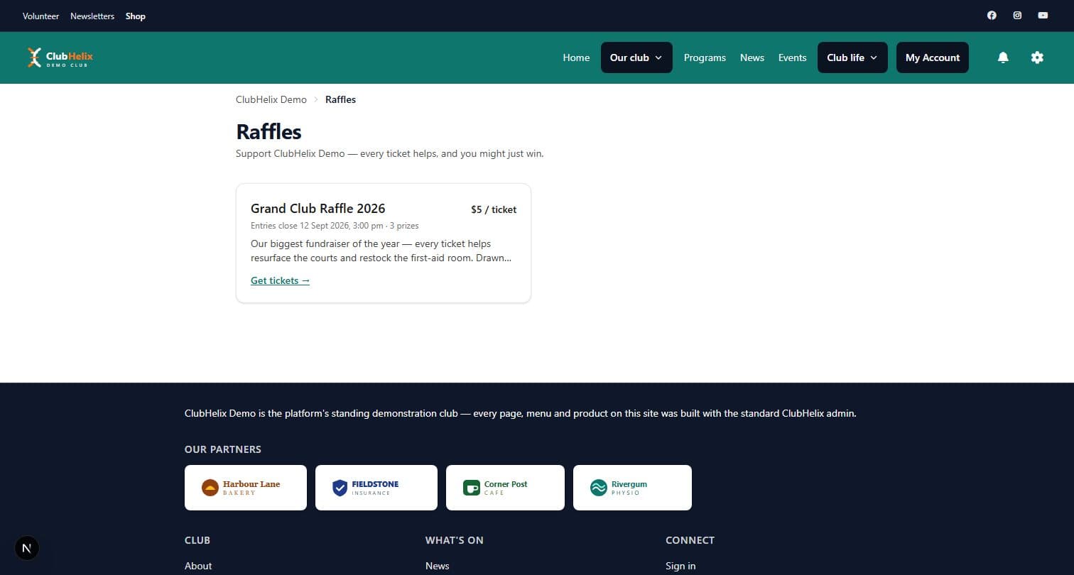 A public raffle page on the ClubHelix Demo tenant with prizes and online ticket sales