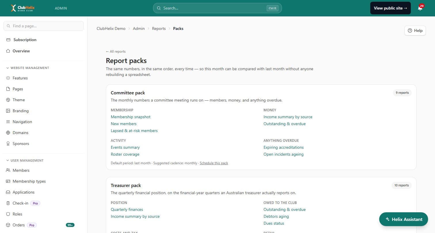 The report packs page on the ClubHelix Demo tenant, showing the committee and treasurer packs