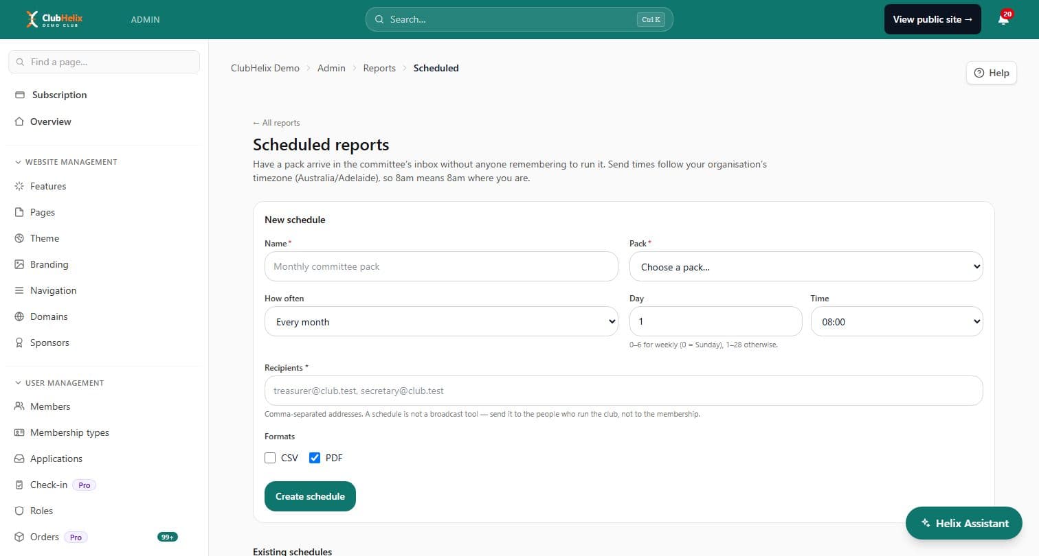 The scheduled reports page on the ClubHelix Demo tenant, showing a new schedule being set up