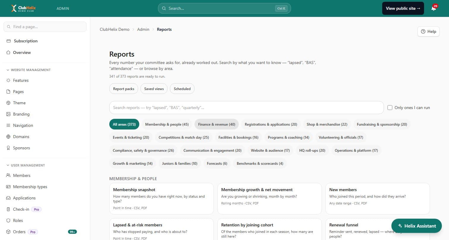 The Reports catalogue with membership, finance and compliance reports