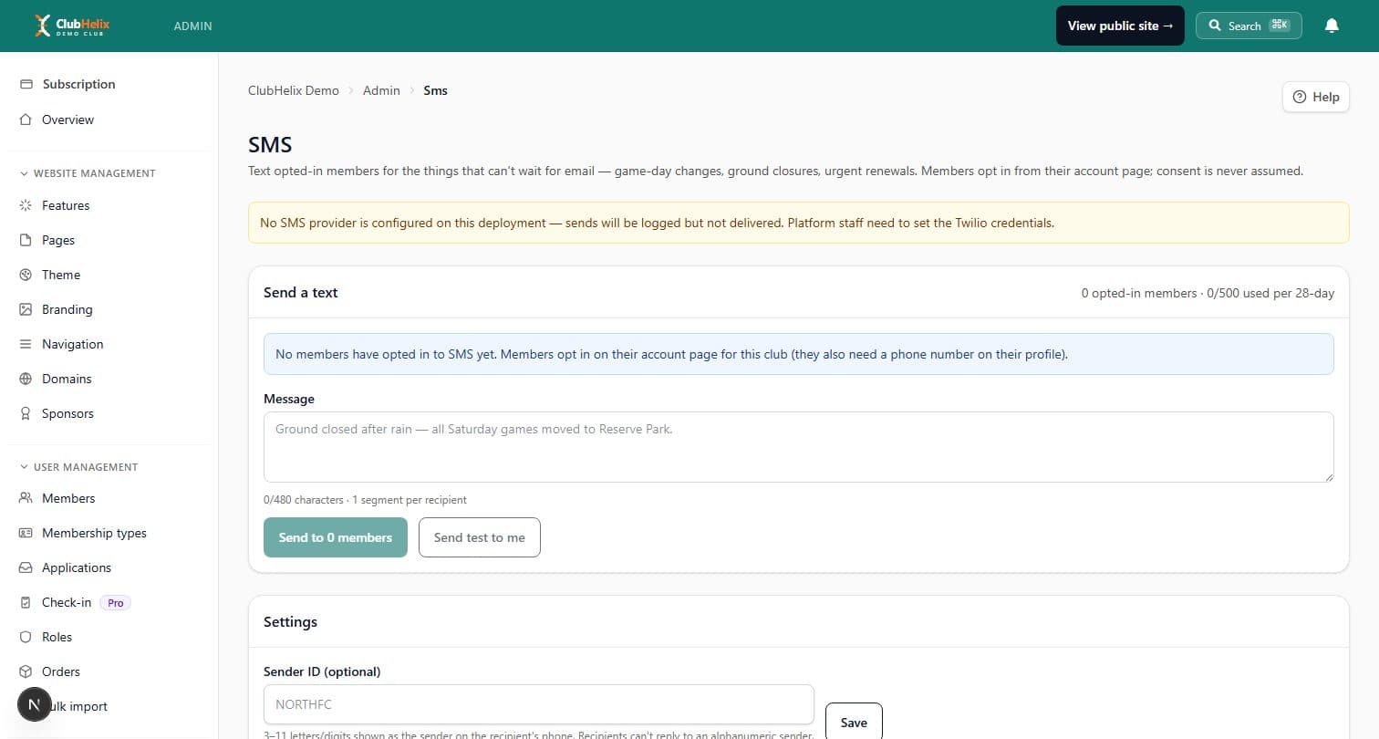 The SMS admin on the ClubHelix Demo tenant composing a message to opted-in members with delivery status