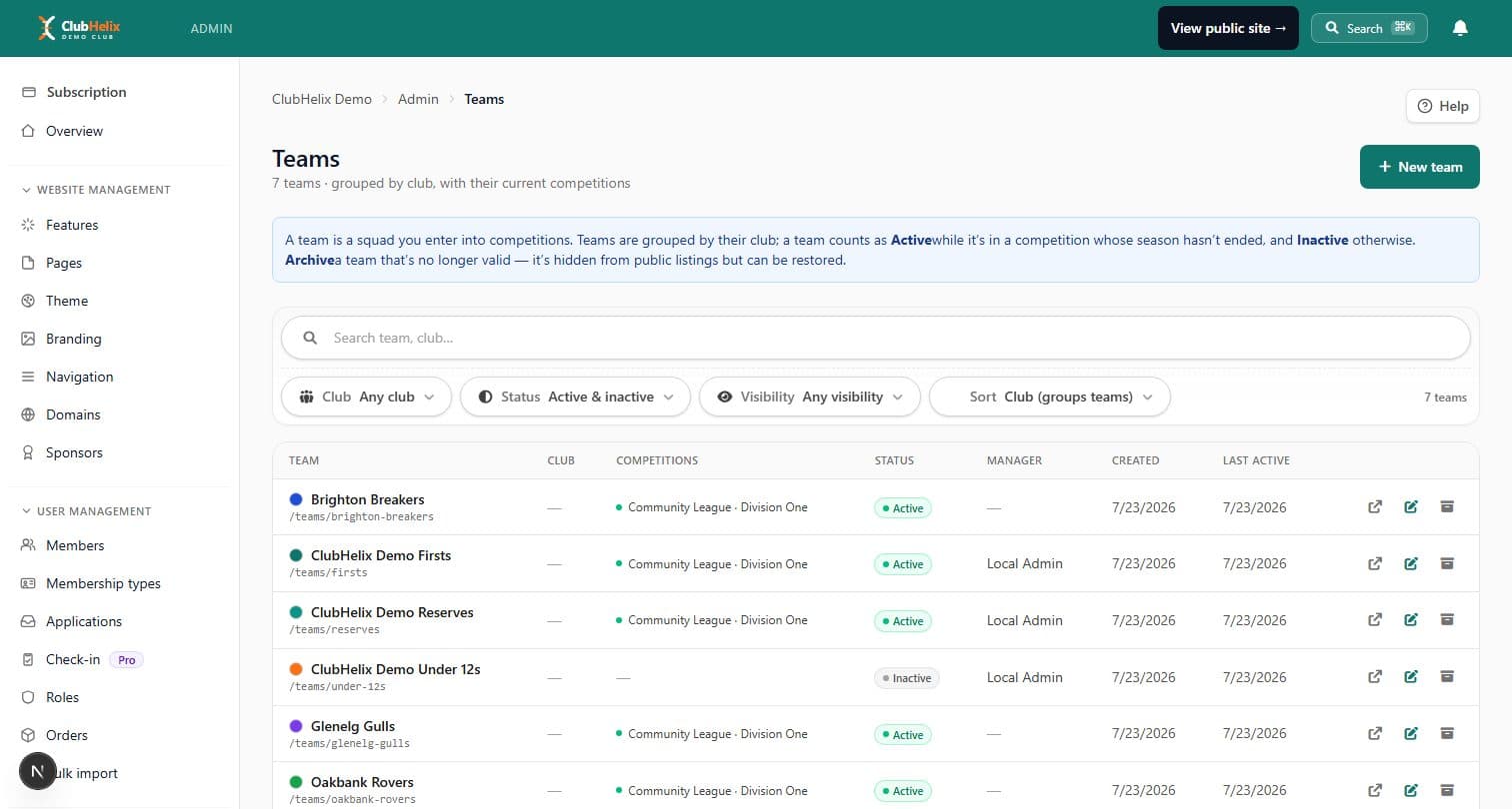 ClubHelix team management admin showing squads and their member lists