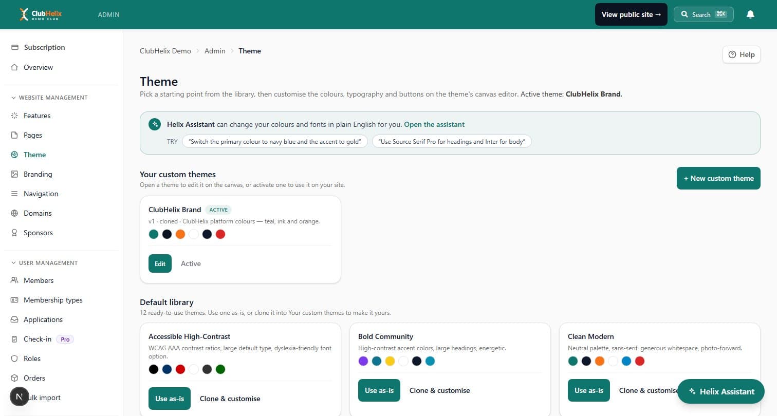 The Theme admin with an active custom theme and the default library