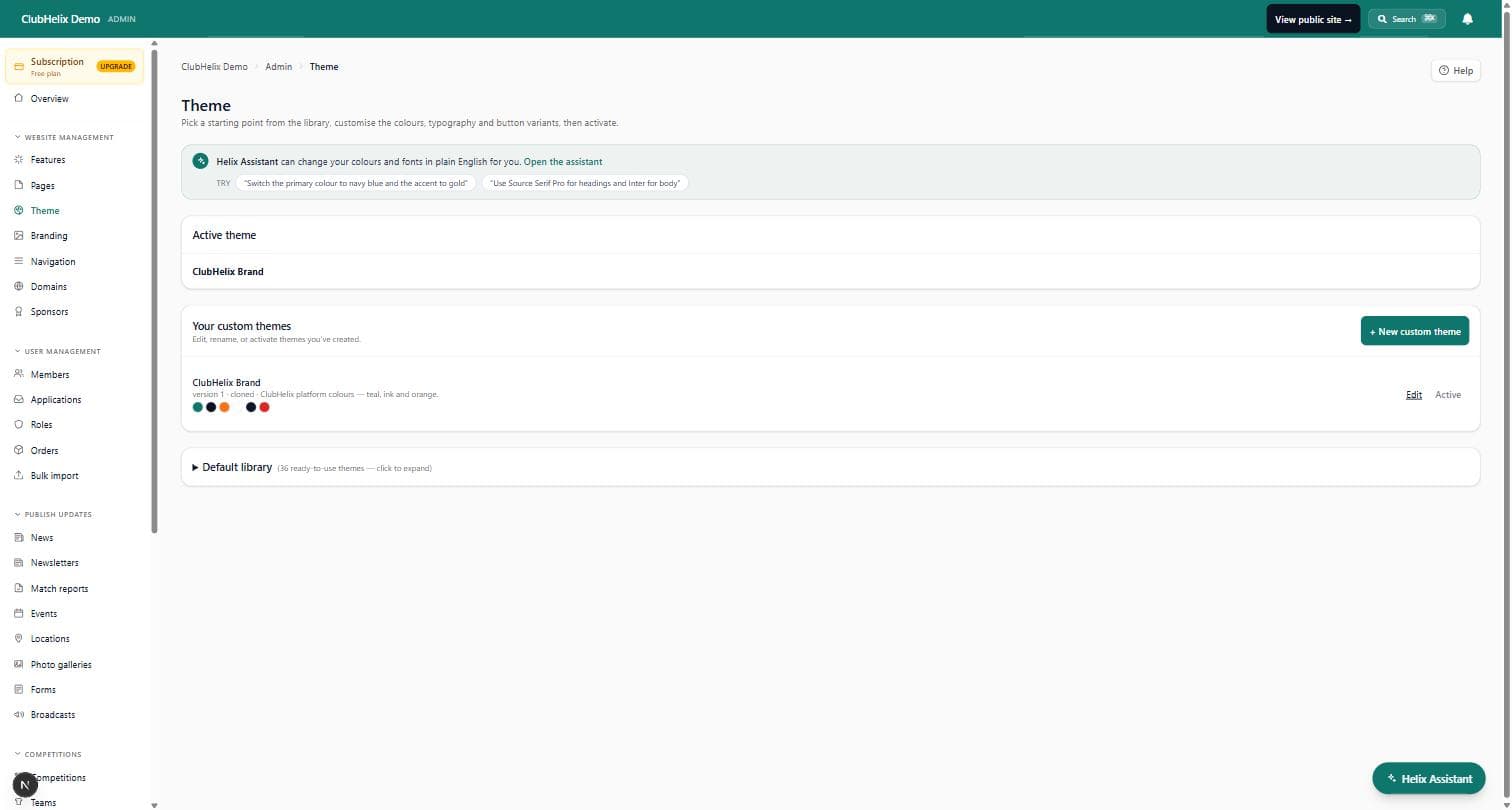 The Theme admin on the ClubHelix Demo tenant with an active custom theme and the default library