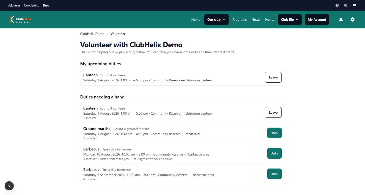 The volunteer rostering admin with shifts and filled slots