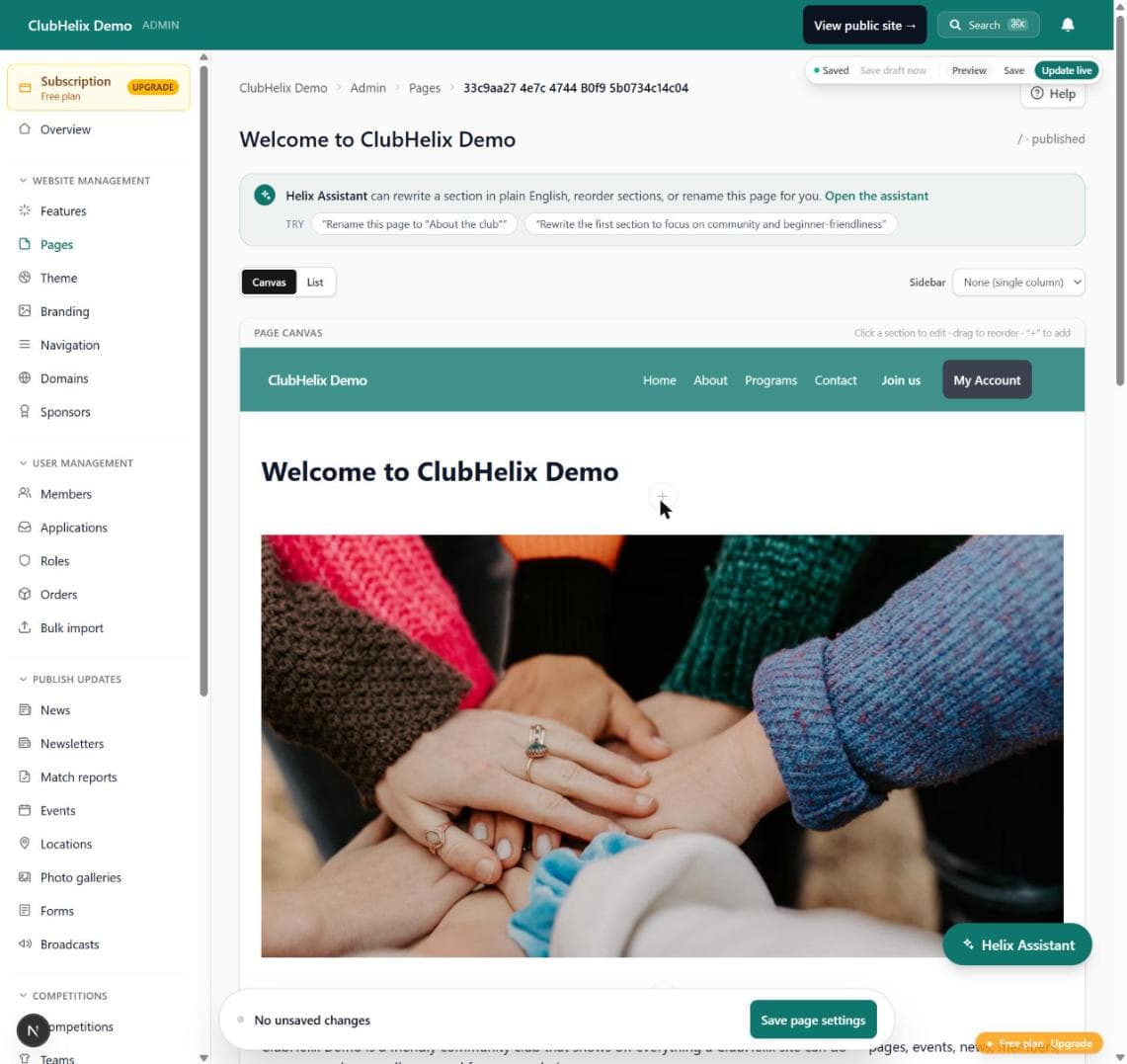 The canvas page editor with draggable sections on the live page